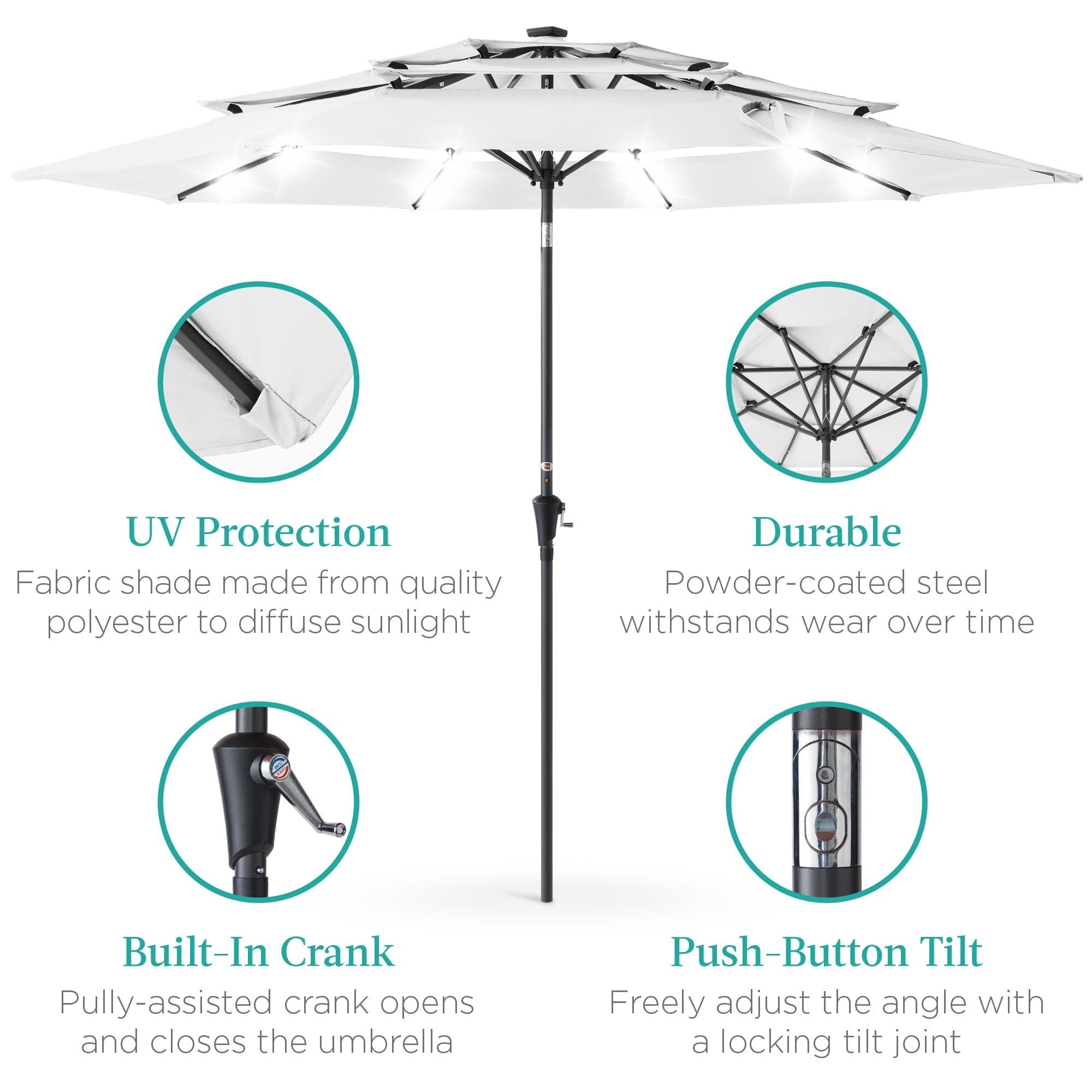 3-Tier Solar Patio Umbrella w/ LED Lights, Tilt Adjustment, Crank - 10ft