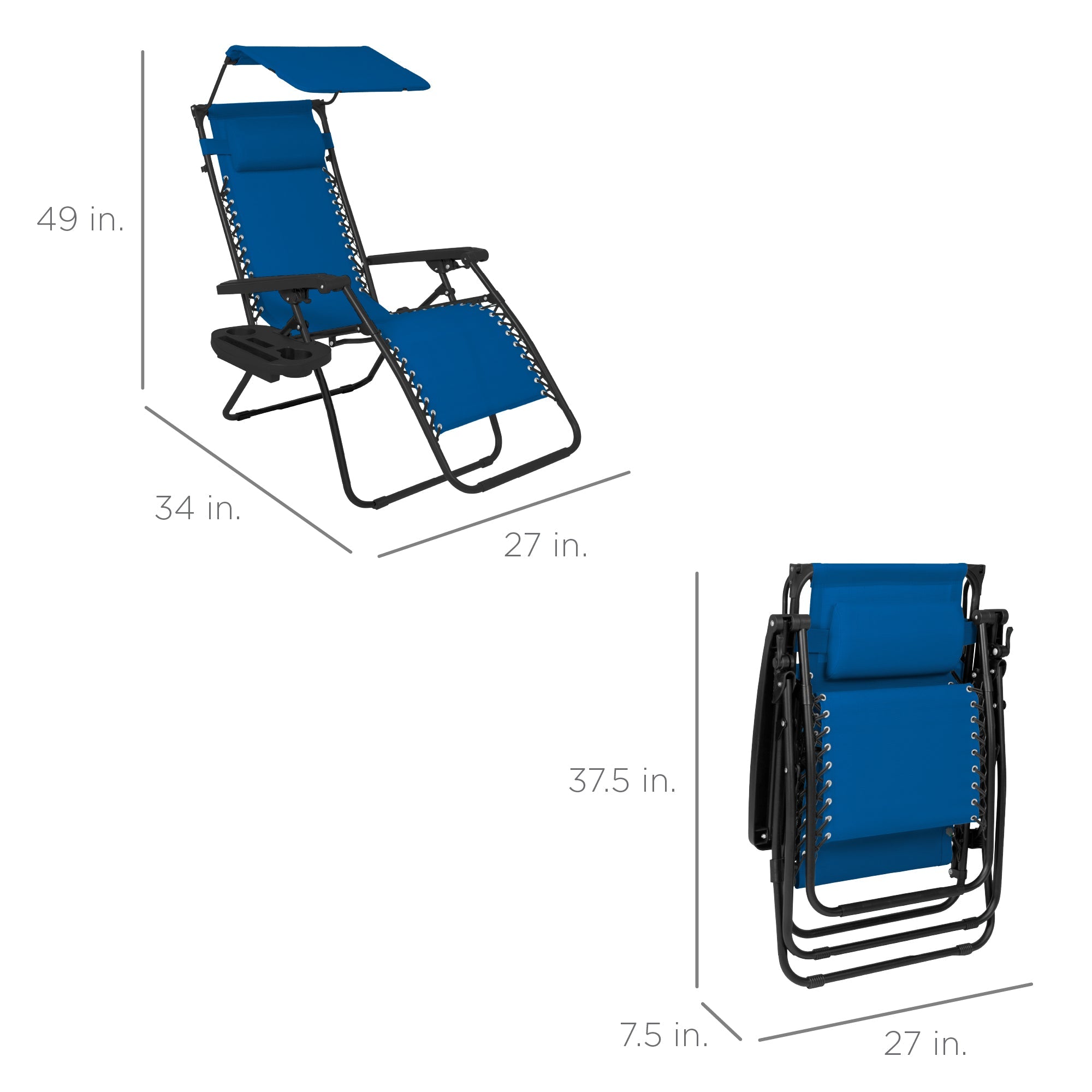 Folding Zero Gravity Recliner Patio Lounge Chair w/ Canopy, Side Tray