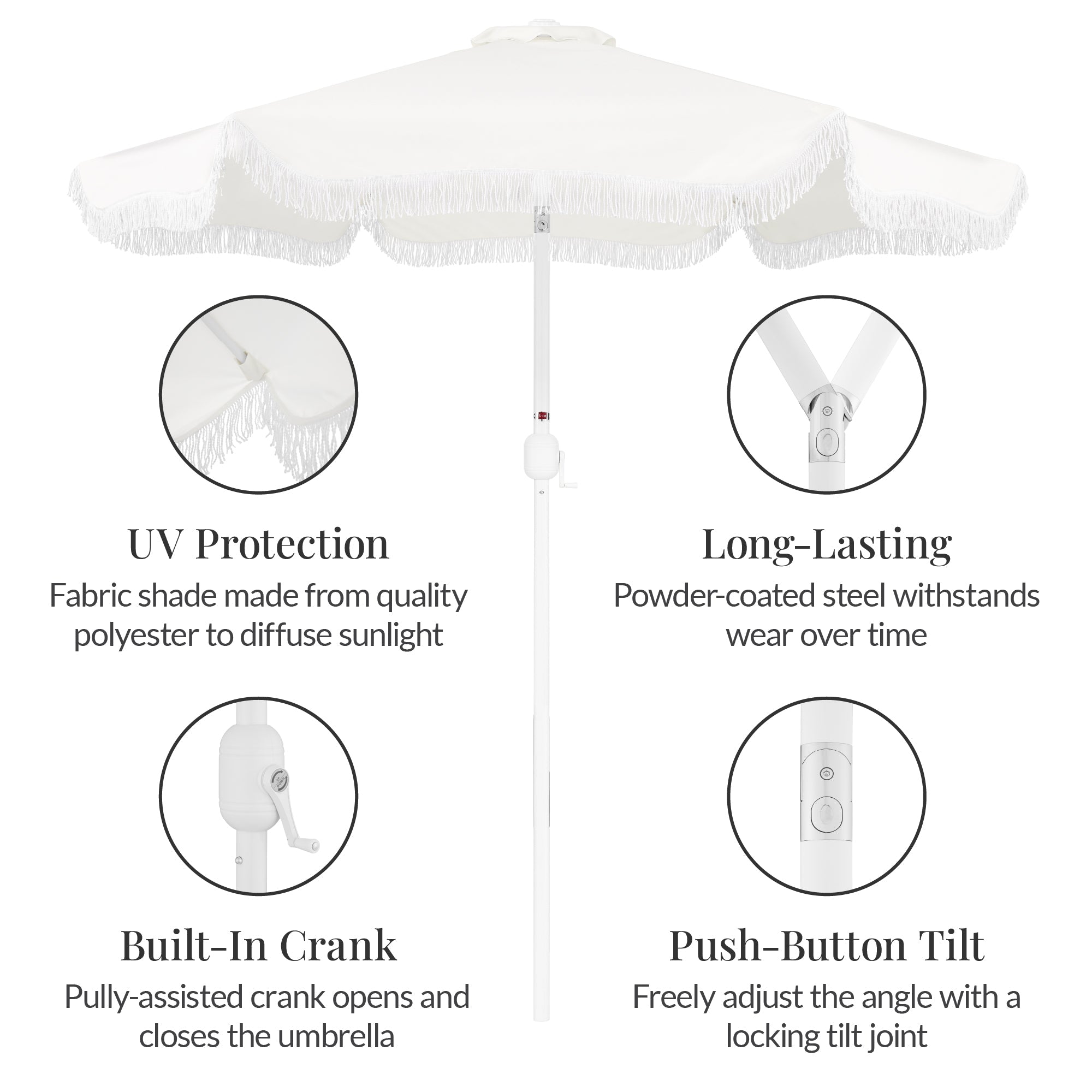 9ft Boho Fringe Umbrella  Tilt, UPF50+, Steel Pole