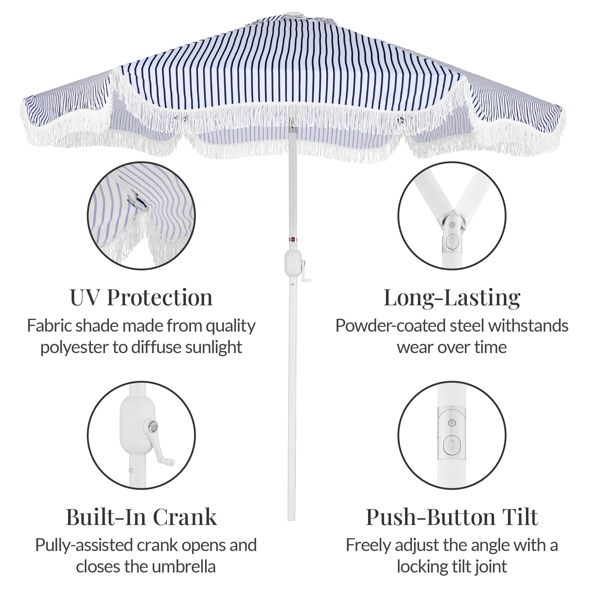 9ft Boho Fringe Umbrella  Tilt, UPF50+, Steel Pole