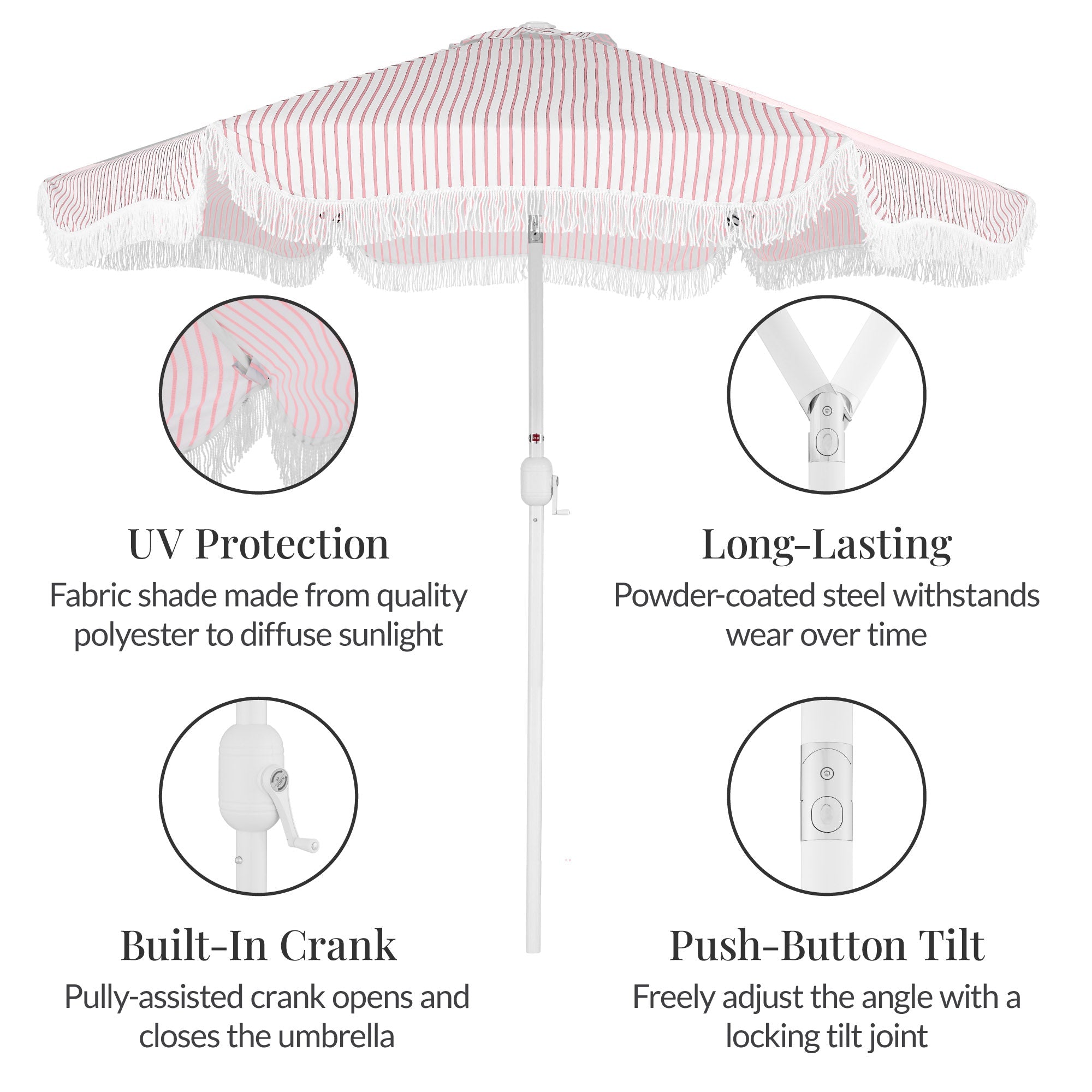 9ft Boho Fringe Umbrella  Tilt, UPF50+, Steel Pole